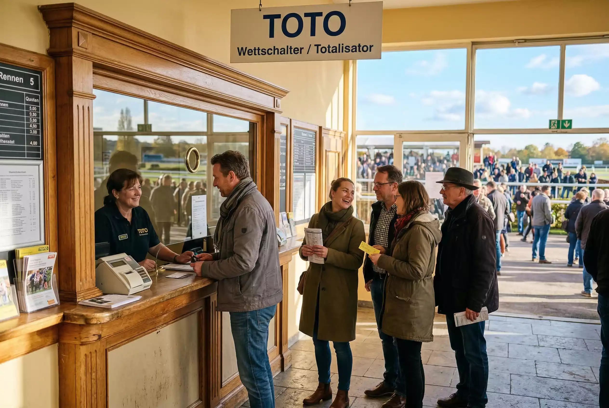 Wettstar Pferdewetten — Toto-Wettschalter auf einer deutschen Galopprennbahn mit Wettstar-Logo-Schild und einer Schlange wartender Besucher