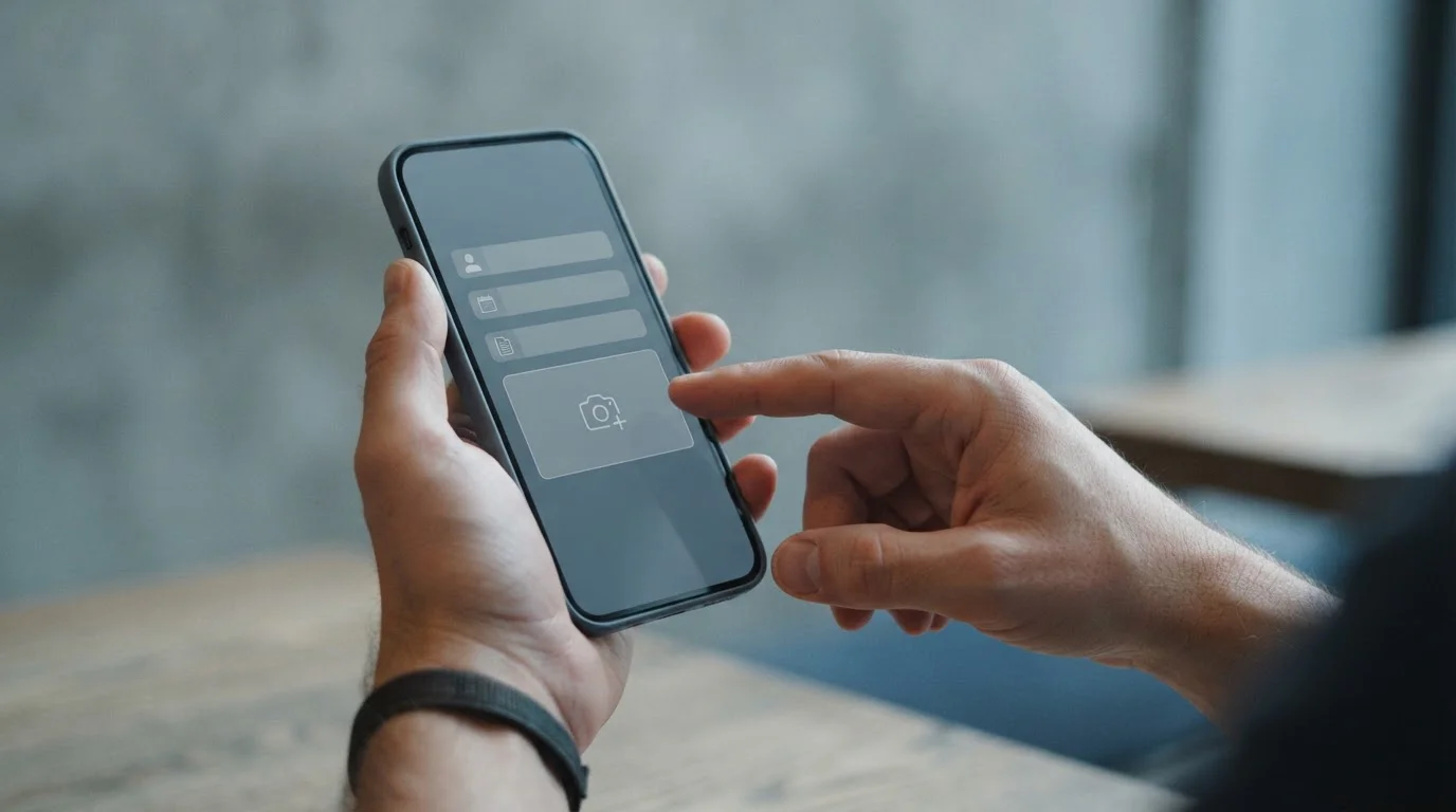 Smartphone zeigt Verifizierungsprozess mit abstrakten Formularfeldern und Dokumenten-Upload